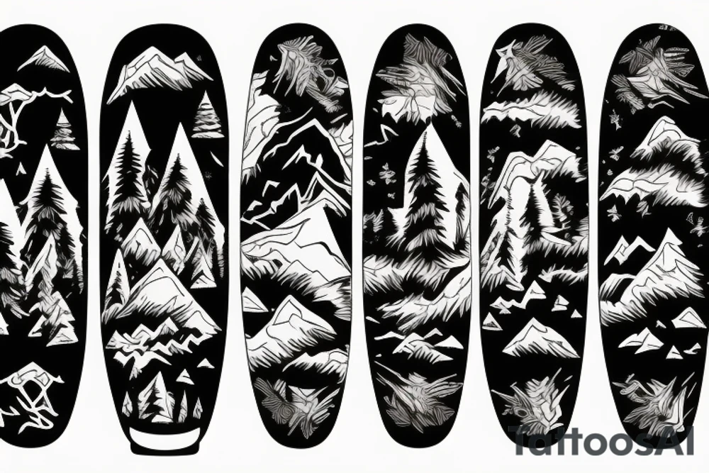 an abandoned snowboard in a mountainous forest tattoo idea