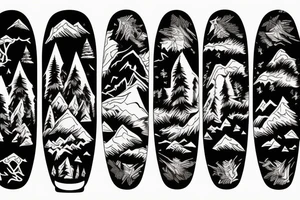 an abandoned snowboard in a mountainous forest tattoo idea