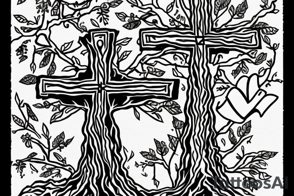 Cross in a tree with the name alexis tattoo idea