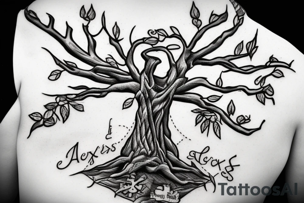 Cross in a tree with the name alexis tattoo idea