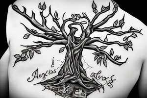 Cross in a tree with the name alexis tattoo idea
