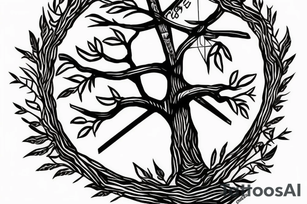 Cross in a tree with the name alexis tattoo idea