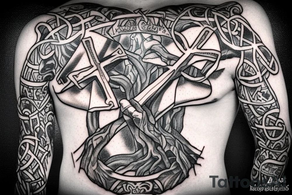 Yggdrasil with a cross in it and a grave with the name alexis tattoo idea