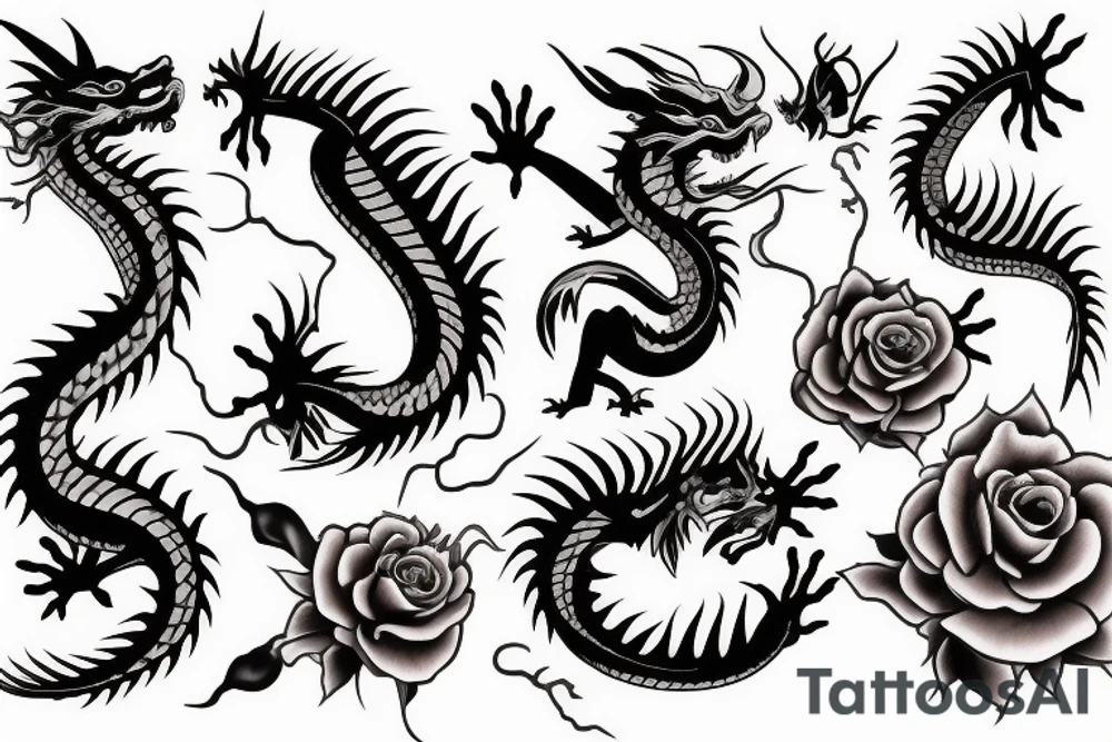 asian dragon with roses tattoo idea