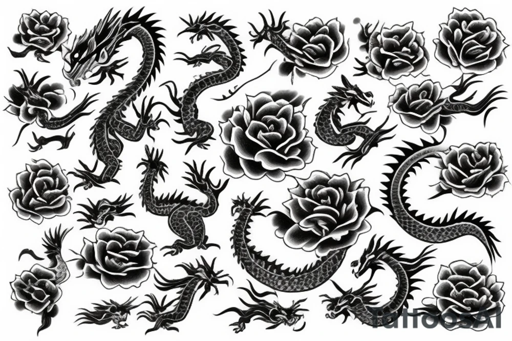 asian dragon with roses tattoo idea