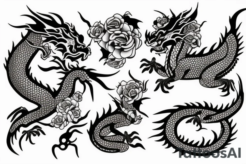 asian dragon with roses tattoo idea