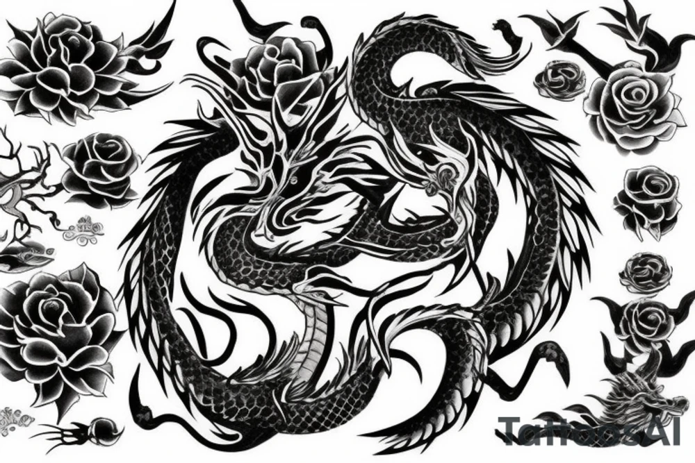 asian dragon with roses tattoo idea