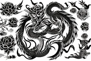 asian dragon with roses tattoo idea