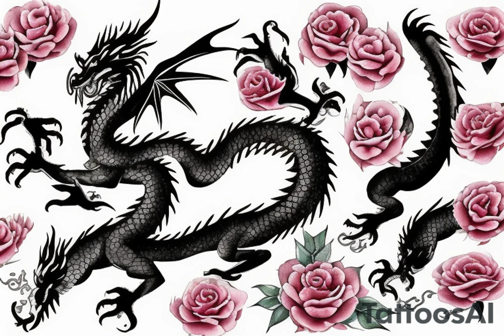 asian dragon with roses tattoo idea