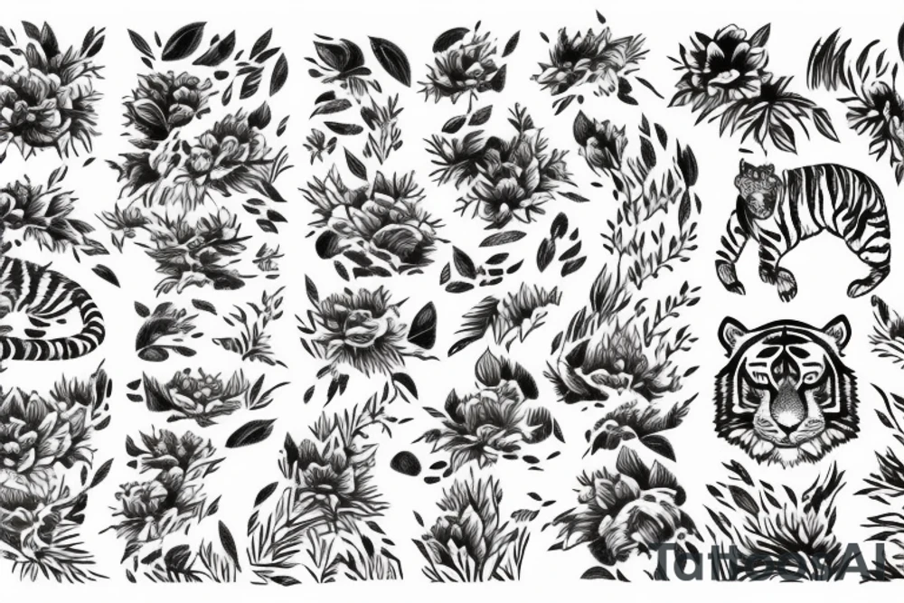 Tiger running in the woods with hills and flowers tattoo idea
