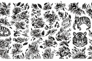 Tiger running in the woods with hills and flowers tattoo idea