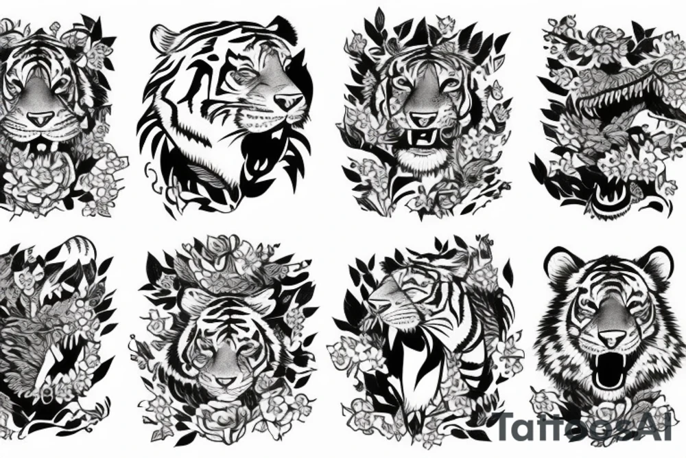 Tiger running in the woods with hills and flowers tattoo idea