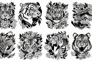 Tiger running in the woods with hills and flowers tattoo idea