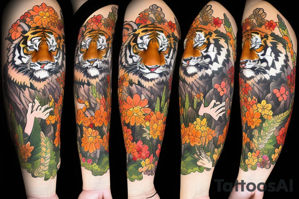 Tiger running in the woods with hills and flowers colored tattoo idea