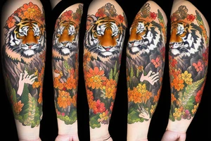 Tiger running in the woods with hills and flowers colored tattoo idea