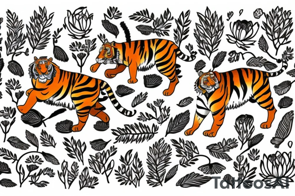 Tiger running in the woods with hills and flowers colored tattoo idea