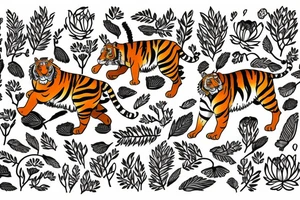 Tiger running in the woods with hills and flowers colored tattoo idea