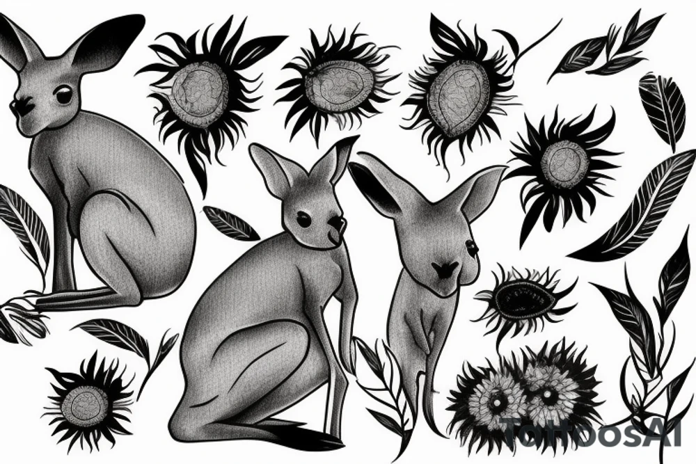 Kangaroo and Kiwi with sunflowers tattoo idea