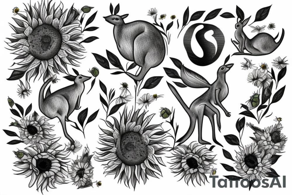 Kangaroo and Kiwibird with sunflowers tattoo idea