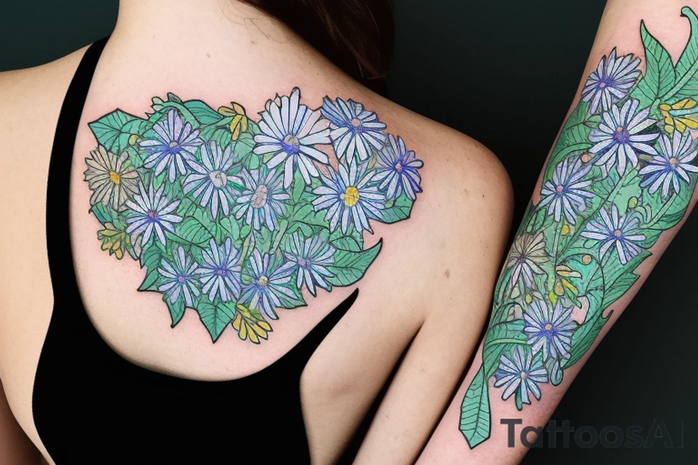 line drawing of Virgo symbol made of aster and morning glory flowers with blue accents and leaves outlined with green tattoo idea