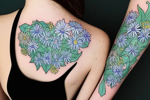 line drawing of Virgo symbol made of aster and morning glory flowers with blue accents and leaves outlined with green tattoo idea