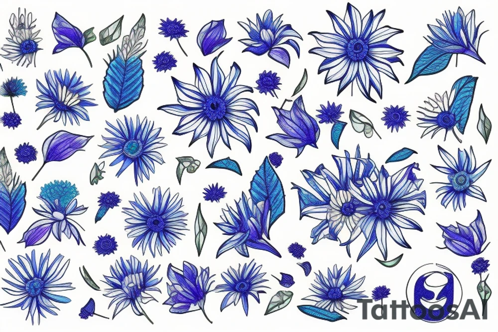 line drawing of Virgo symbol made of aster and morning glory flowers with blue accents and leaves outlined with green tattoo idea