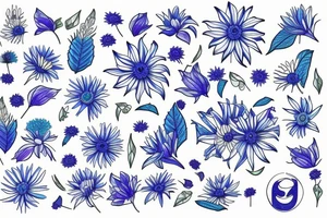 line drawing of Virgo symbol made of aster and morning glory flowers with blue accents and leaves outlined with green tattoo idea