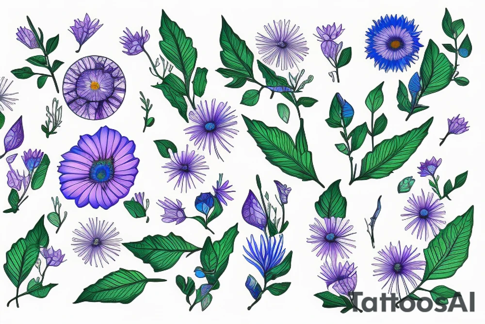 line drawing of Virgo M symbol made of aster and morning glory flowers with blue accents and leaves outlined with green tattoo idea
