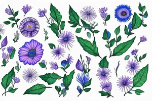 line drawing of Virgo M symbol made of aster and morning glory flowers with blue accents and leaves outlined with green tattoo idea