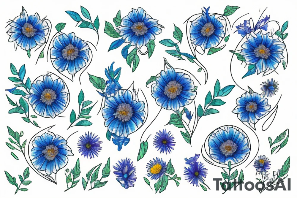 line drawing of Virgo M symbol made of aster and morning glory flowers with blue accents and leaves outlined with green tattoo idea