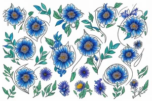 line drawing of Virgo M symbol made of aster and morning glory flowers with blue accents and leaves outlined with green tattoo idea