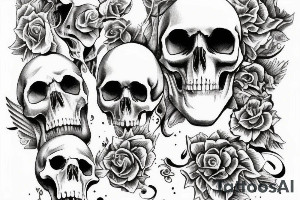 A full-body angelic figure with a skull for a head, representing the idea that even the purest of souls can be touched by the reality of death. tattoo idea