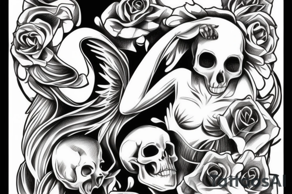A full-body angelic figure with a skull for a head, representing the idea that even the purest of souls can be touched by the reality of death. tattoo idea
