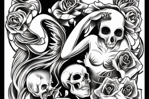 A full-body angelic figure with a skull for a head, representing the idea that even the purest of souls can be touched by the reality of death. tattoo idea
