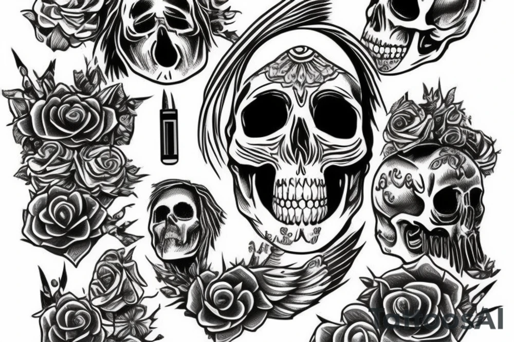 A full-body angelic figure with a skull for a head tattoo idea