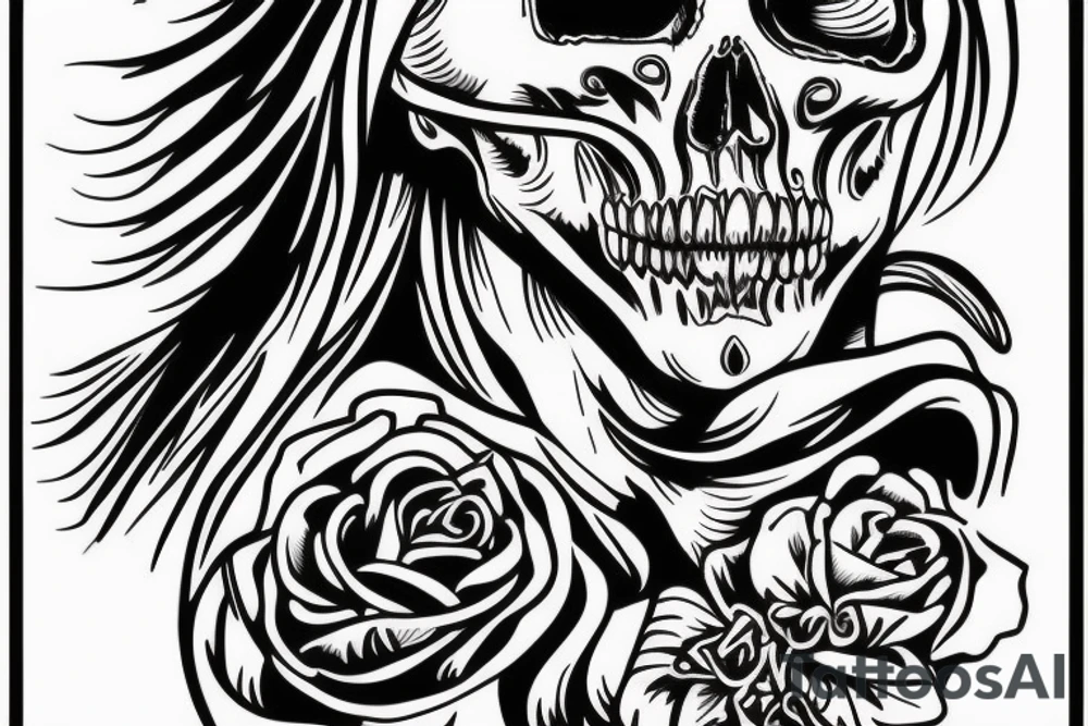 A full-body angelic figure with a skull for a head tattoo idea