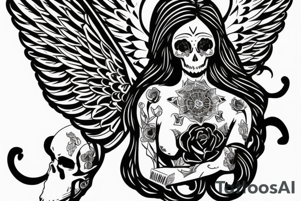 angel with skull as head tattoo idea