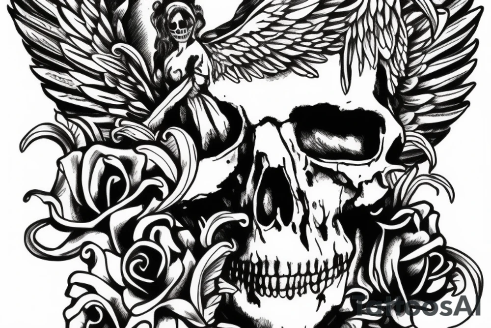 angel with skull as head tattoo idea
