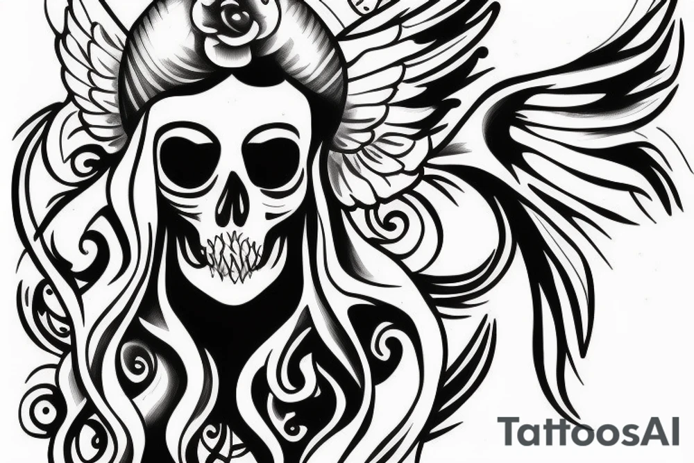 angel with skull as head tattoo idea