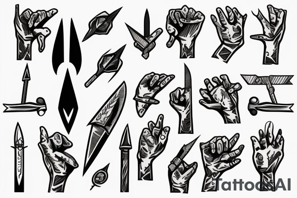hand being stabbed by a small dagger tattoo idea