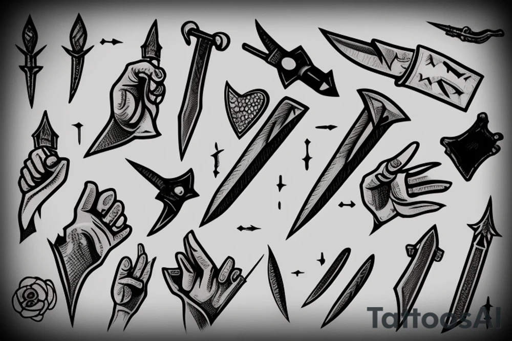 hand being stabbed by a small dagger tattoo idea