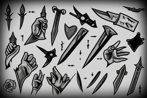 hand being stabbed by a small dagger tattoo idea