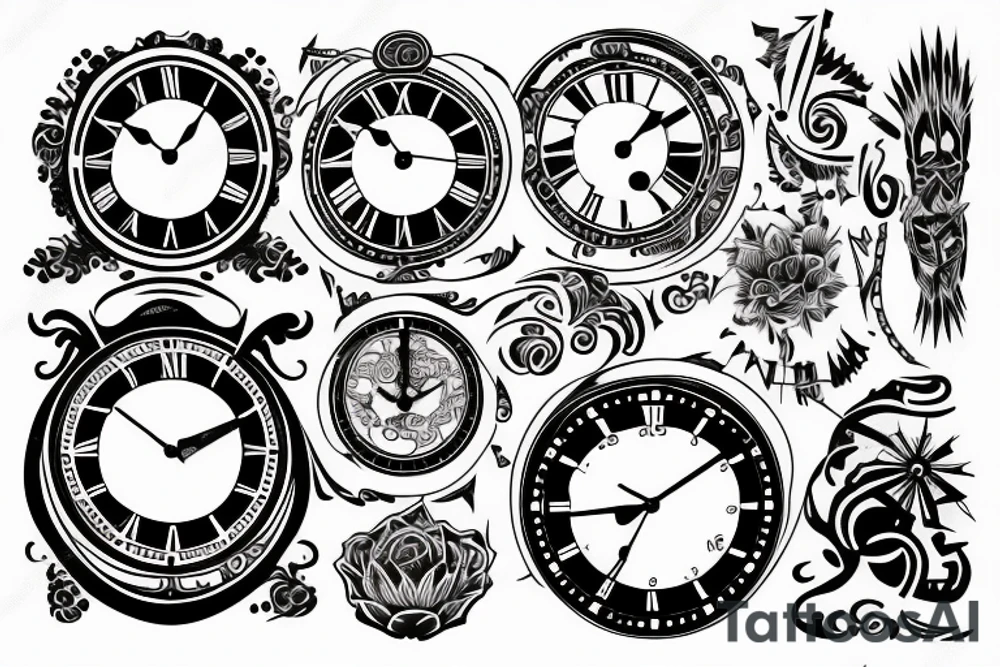 old clock, tribal tattoo idea