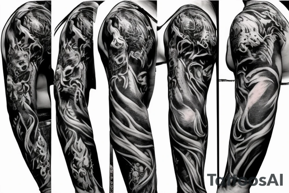 Full sleeve go right down to the hand skulls and demon with fire tattoo idea
