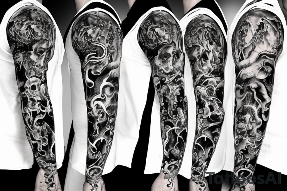 Full sleeve go right down to the hand skulls and demon with fire tattoo idea