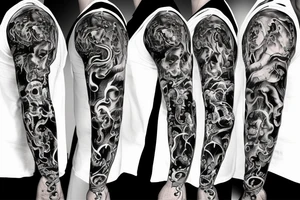 Full sleeve go right down to the hand skulls and demon with fire tattoo idea