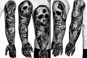 Full sleeve go right down to the hand skulls with fire tattoo idea