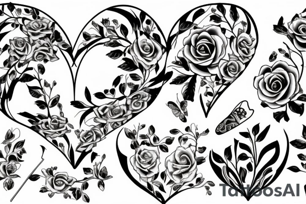 Floral pattern long vine with roses and thorns butterfly shaped petals and a heart shape in the middle tattoo idea