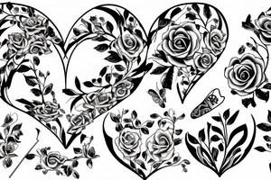 Floral pattern long vine with roses and thorns butterfly shaped petals and a heart shape in the middle tattoo idea