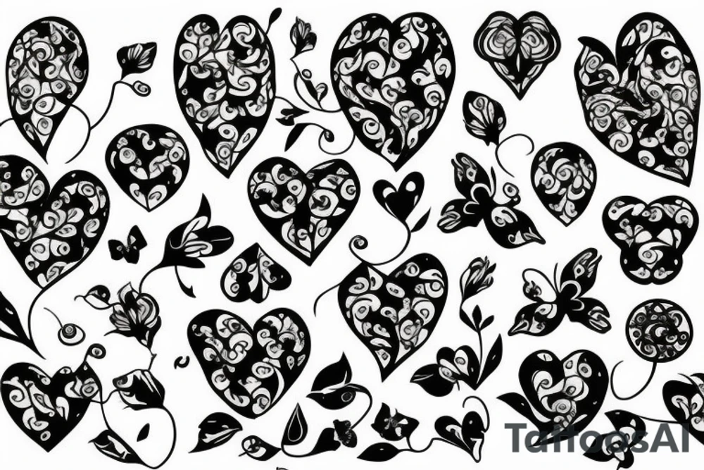 Floral pattern long vine with roses and thorns butterfly shaped petals and a heart shape in the middle tattoo idea